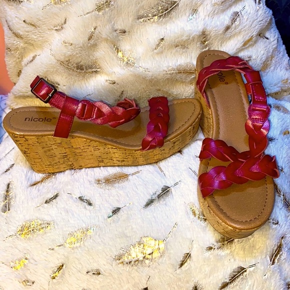 Nicole Braided Red Platform Heel Cork Sandals - Picture 6 of 13